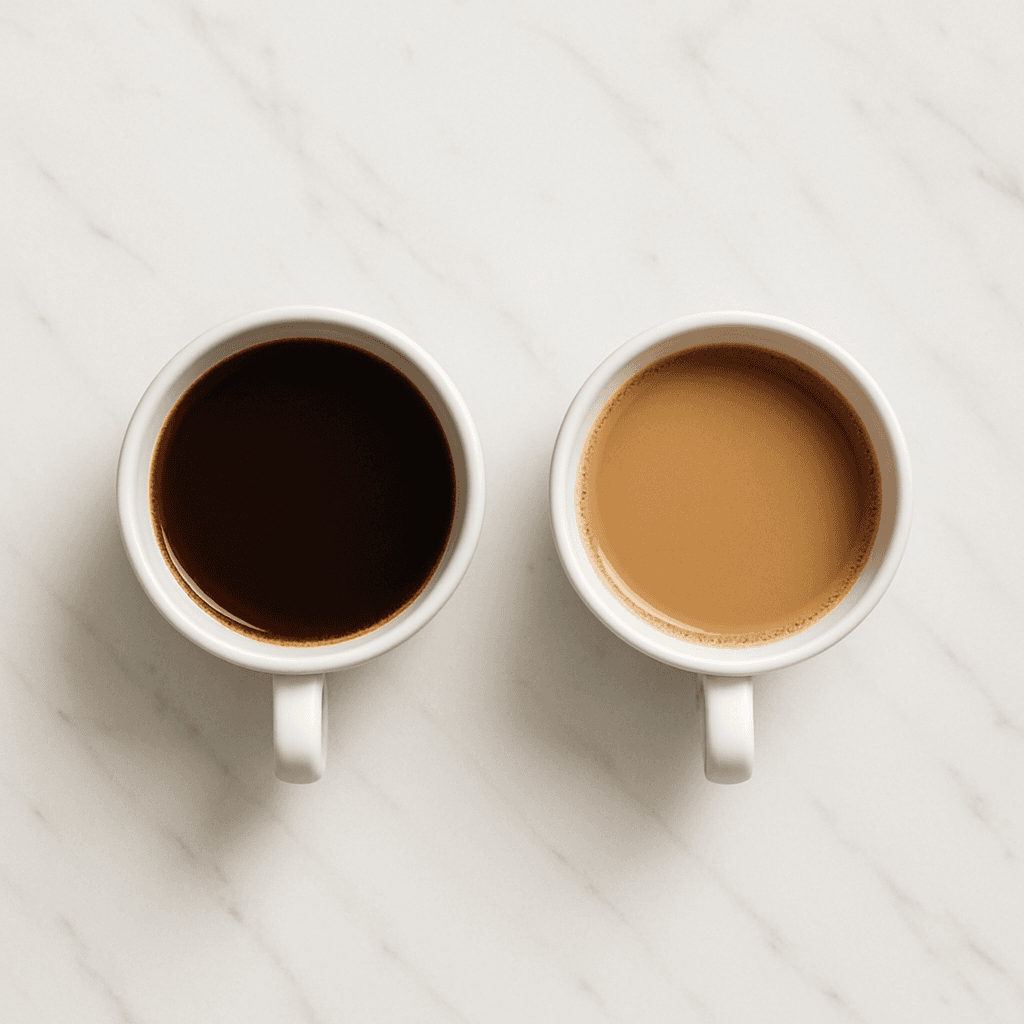 Dos tazas de café, una negra y otra con leche