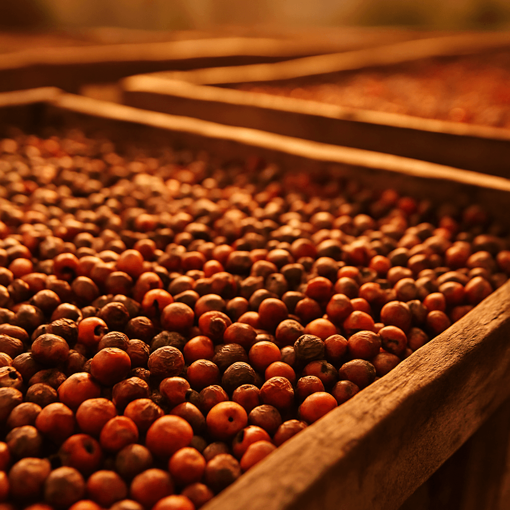 Cerezas de café secándose al sol en camas elevadas, proceso natural