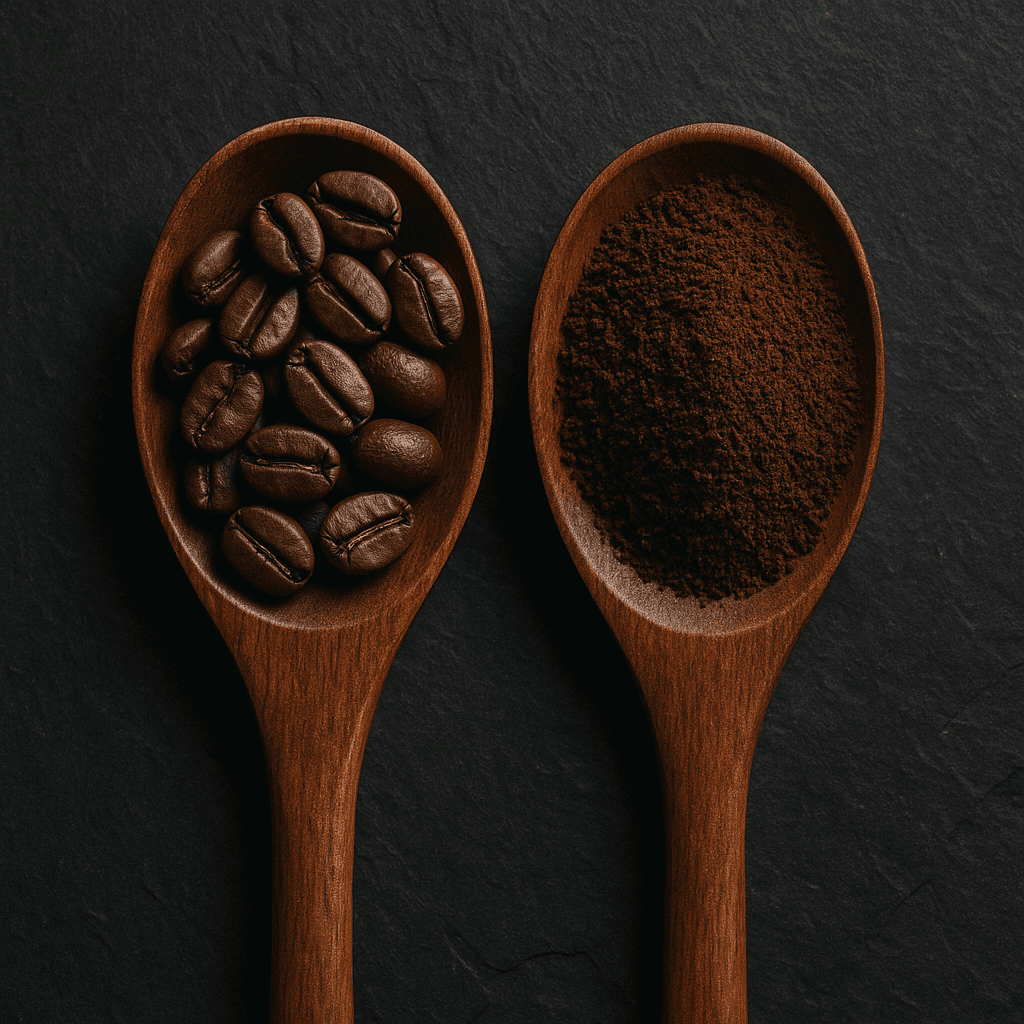 Café en grano y café molido en cucharas de madera